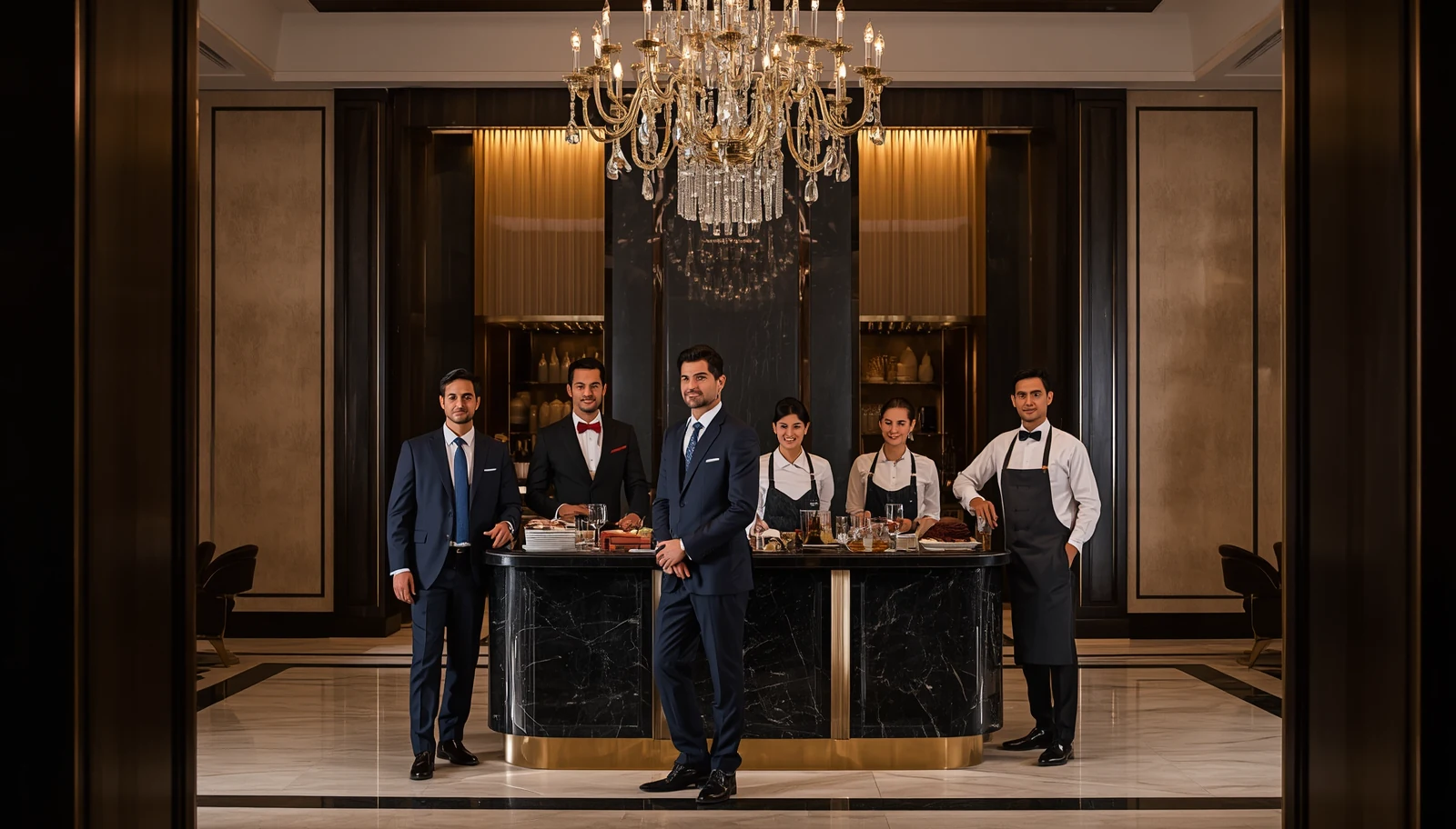 Hospitality professionals in a hotel setting, from the company profile.