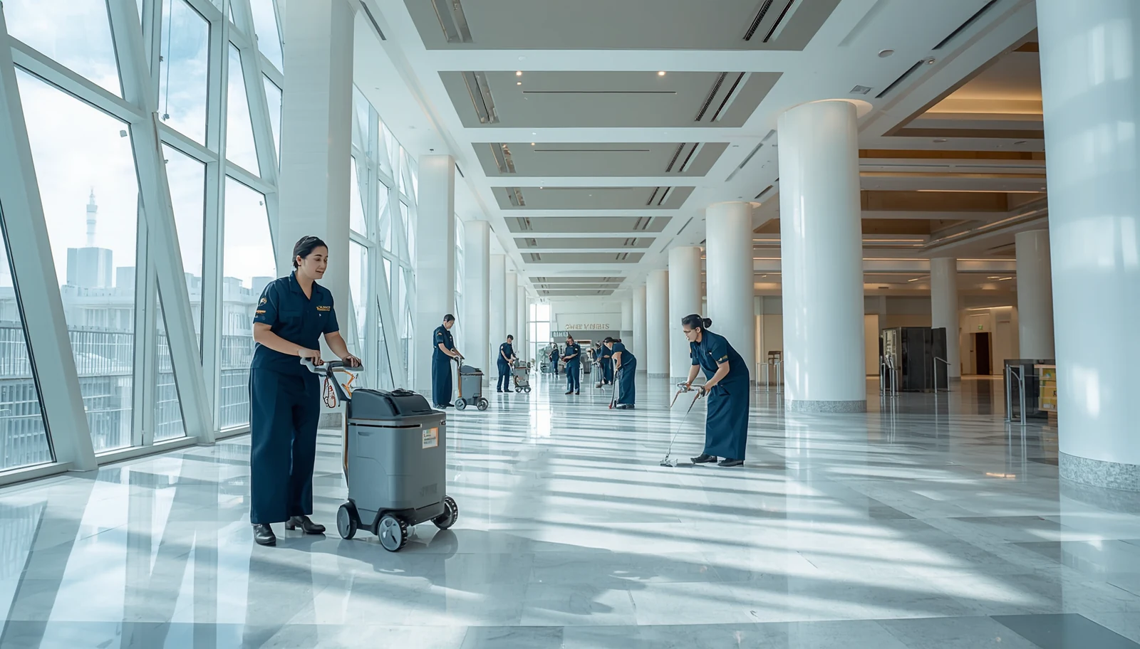 Facilities support professionals in a spacious building, from the company profile.